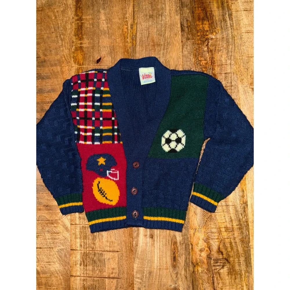 Little Funky Vintage Kids Sports Colorblock Cardigan Sweater Navy Plaid USA